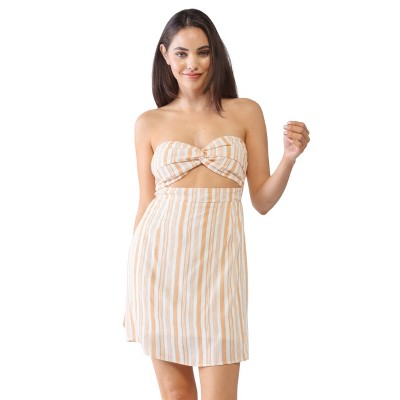 Slickblue Women's Strapless White Apricot Mini Dress With Front Twist, Cut-Out, Zip & Smocked Back, Size S-L