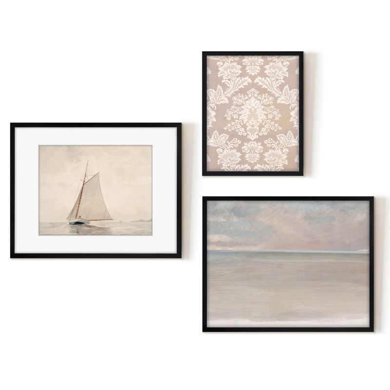 Americanflat 3 Piece Vintage Gallery Wall Art Set - Serene Seascape, Sailboat, Pink Silk Textile by Maple + Oak, 1 of 6