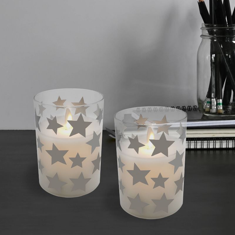 2ct Battery Operated Glass LED Candles with Moving Flame Silver Stars, 5 of 7