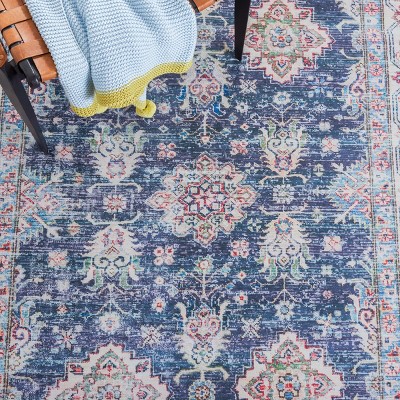 Navy and Beige 6' Square Washable Synthetic Area Rug