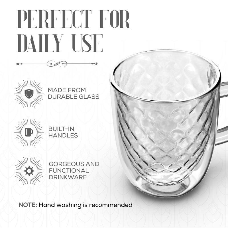 Elle Decor Set of 2 Insulated Coffee Mug, 13-Oz Double Wall Diamond Design Glasses, Glass Coffee Mug for Lattes, Americano, Espresso, Clear, 3 of 8