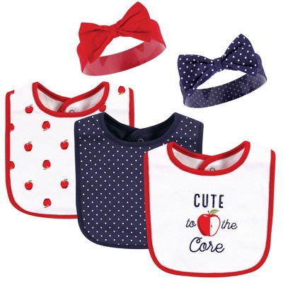 Hudson Baby Infant Girl Cotton Bib and Headband, Apple, 0-6 months