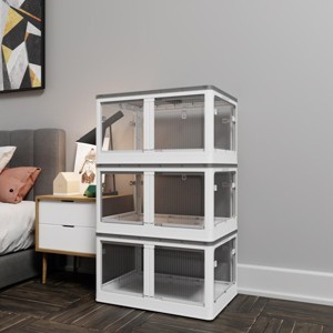 INFURNIC Decorative Storage Cabinets 3-Pack Transparent Stackable Storage Bins with Folding Design and Wheels, White, 26.38"*18.5"*45.47" - 1 of 4