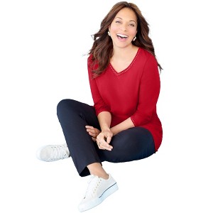 Catherines Suprema Studio 3/4 Sleeve Studded V-Neck Tee - 1 of 3