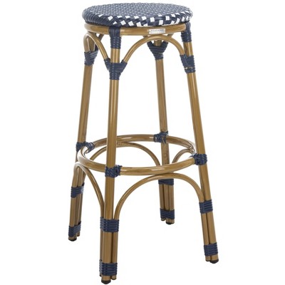 Navy and White Rattan Armless Outdoor Bar Stool