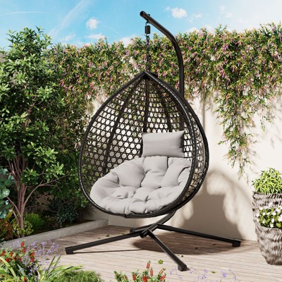 VisioGear Egg Chairs, Patio Egg Chair with Stand, Patio Hanging Egg Chair for Bedroom Living Room Balcony, Black & Gray, 42.13"*39"*76.77"