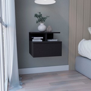 TIRAMISUBEST Smokey Oak Floating Nightstand with 12"H, Drawer, and 2-Tier Shelf, Buffet Cabinet for Bedrooms - 1 of 4