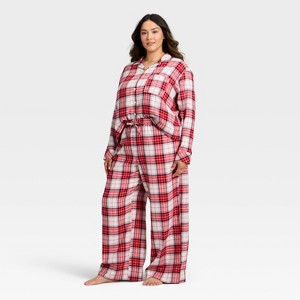 Women's Flannel Long Sleeve Button Down Shirt and Pants Pajama Set - Auden™ - 1 of 3