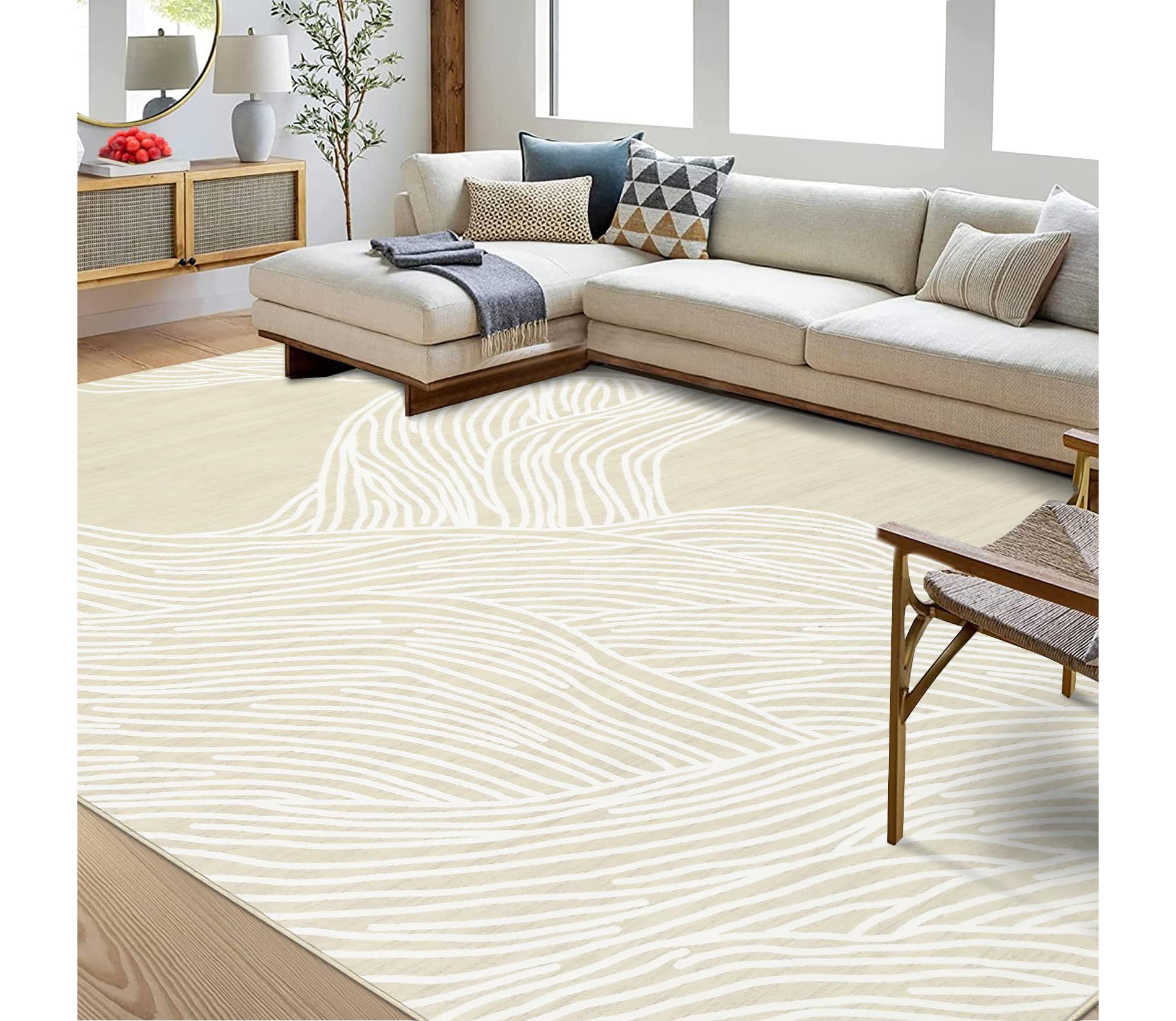 Washable Living Room Rug 8x10 Modern Abstract Rug Soft Neutral Foldable Non Slip Rugs, Low Pile Non Shedding Floor Covering