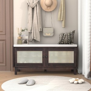Okak Modern Shoe Storage Bench with Rattan Doors & Soft Cushioned Seat,Accent Wooden Shoe Bench for Entryway,Hallway - 1 of 4
