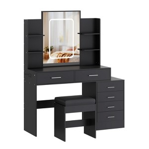 Vanity Desk with Mirror, LED Lights, Power Outlet, Makeup Table with 6 Drawers, 6 Storage Shelves & Stool for Bedroom - 1 of 4