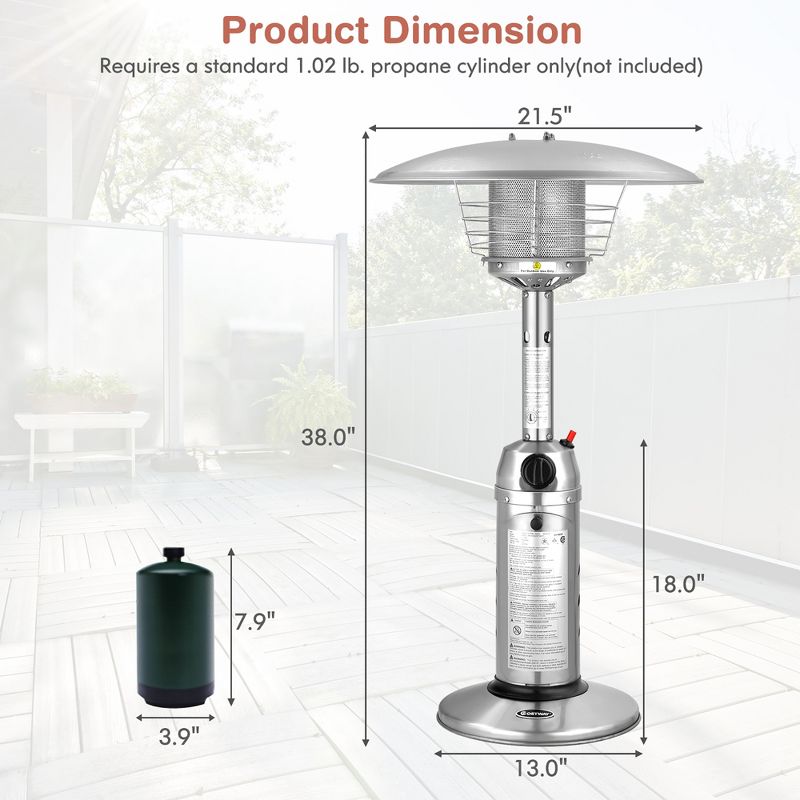 Costway Patio Heater 11,000BTU Portable Tabletop Stainless Steel Standing Propane Heater, 3 of 11
