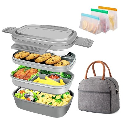 LunaLulinlk Three-Tier Bento Box with Bag - All-in-One Stackable Lunch Box, Leak-Proof Lunch Box Strap, 1900ml, Built-in Cutlery Set, Lunch Bag