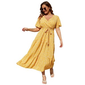 Womens Plus Size V Neck Wrap Maxi Dress High Waist Ruffle Summer Casual Dress with Belt - 1 of 4