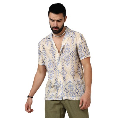 Campus Sutra Men Men's Pale Yellow & Powder Blue Ethnic Shirt