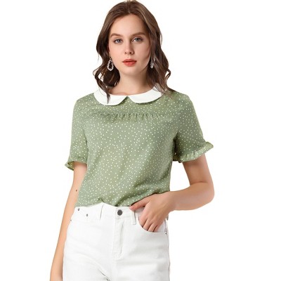 INSPIRE CHIC Women's Doll Collar Ruffled Short Sleeve Polka Dots Blouse