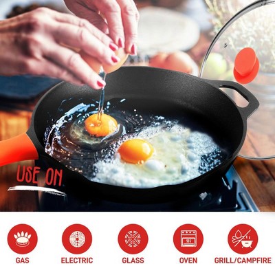 NutriChef 12'' Pre-Seasoned Nonstick Cast Iron Fry Pan with Lid and Silicone Handle