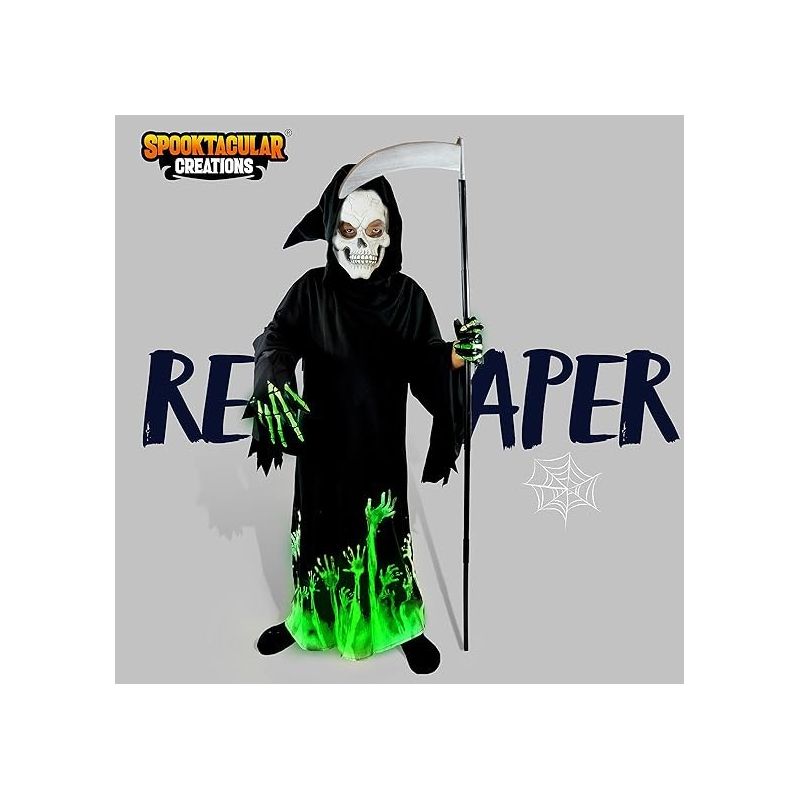 Syncfun Kids Grim Reaper Glow in the Dark Deluxe Phantom Costume, Halloween Grim Reaper Costume for Party - M, 2 of 8