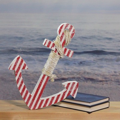 16" Red and White Striped Wooden Nautical Anchor Wall Art