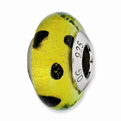 Black Bow Jewelry Lime Green, Black Dots Murano Glass & Sterling Silver Bead Charm, 13mm