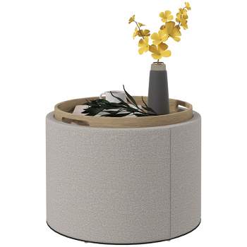 HOMCOM Storage Ottoman Coffee Table with Flip Top Tray and Hidden Space, Round Foot Stool with Linen-feel Fabric Upholstery, Light Gray