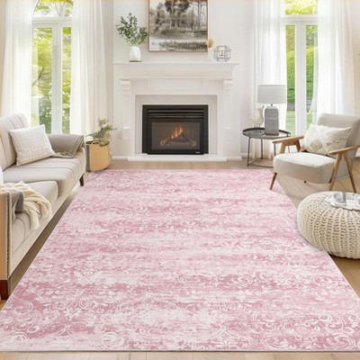 Soft Vintage Damask Distressed Large Bedroom Area Rug, Boho Abstract Non-Slip Indoor Rugs for Living Room Dining Room