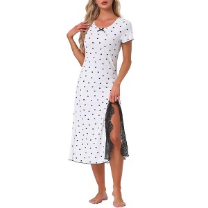 INSPIRE CHIC Women's Short Sleeves Heart Print Lace Trim Slit Side Ribbed Knit Long Nightgowns - 1 of 4