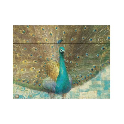 Teal Peacock on Gold Mixed Media Canvas Art