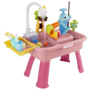 3 In 1 Kitchen Sink Toy with Electric Faucet Water Table, Fishing Game Role Play Sink Set Indoor Outdoor for Kids Aged 3+ Years Old - 1 of 4