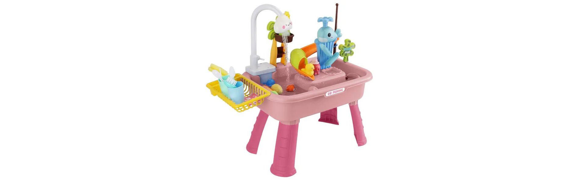 3 In 1 Kitchen Sink Toy with Electric Faucet Water Table, Fishing Game Role Play Sink Set Indoor Outdoor for Kids Aged 3+ Years Old