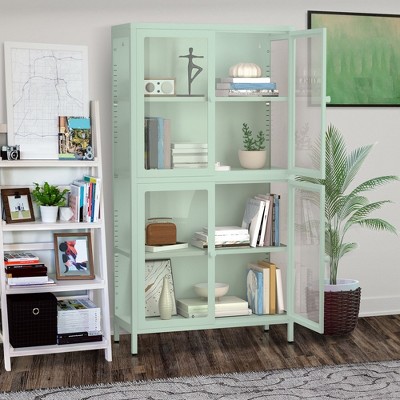 Glass Display Cabinet with Doors, 4-Tier Adjustable Shelves and Feet Modern Bookshelf Cabinet Cold-Rolled Steel Storage Cabinet Green