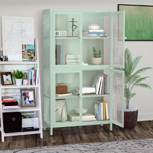 Glass Display Cabinet with Doors, 4-Tier Adjustable Shelves and Feet Modern Bookshelf Cabinet Cold-Rolled Steel Storage Cabinet Green - 1 of 4