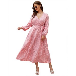 BLUEMING Plus Size Maxi Dress Floral V Neck Surplice Dress with Lantern Sleeve Tie Waist Dresses Plus Size - 1 of 4