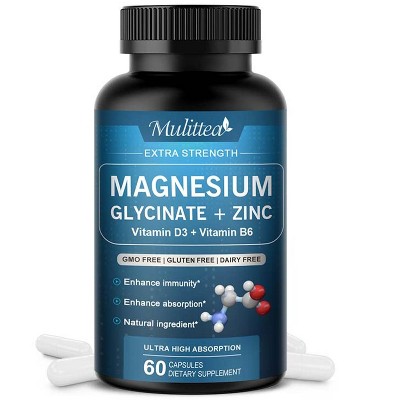 Mulittea Magnesium Glycinate 500mg with Zinc, Vitamin D3+ Vitamin B6, Enhance Immunity, 60 Capsules (Gluten Free & Non-GMO)
