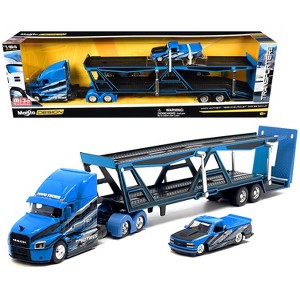 Mack Anthem Open Car Hauler Blue with Graphics and 1993 Chevrolet 454 SS Truck Blue with Graphics 1/64 Diecast Models by Maisto - 1 of 3