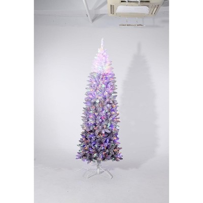 7.5FT Pencil Christmas Tree Prelit – Purple Gradient Snow Flocked Xmas Tree with 300 Dual Color LED Lights, 820 Branch Tips & Metal Stand