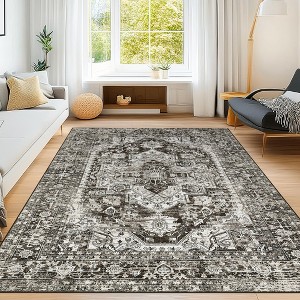 Decorative Vintage Area Rug for Kitchen Living Room - Distressed Retro Medallion Carpet, Soft Washable Non Slip Low Pile Non Shedding Thin Rug - 1 of 4