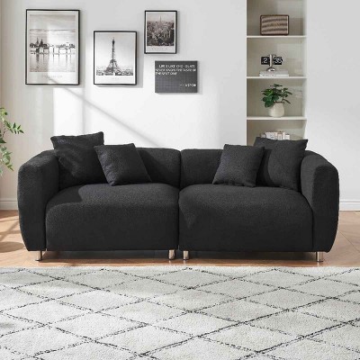 3-Seater Sofa for Living Room, Armrest Sofa with Spring Support and Metal Legs, Solid Wood Frame Sofa with Cotton-Linen Cushion-Coolbibila