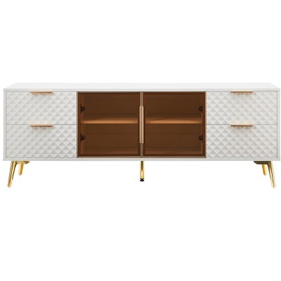 Vynxaria 60" White Geometric TV Center, Modern Fashion Stand with Drawers