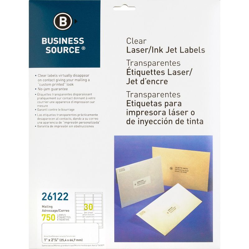 Business Source Mailing Labels Laser 1"x2-3/4" 750/PK Clear 26122, 1 of 4