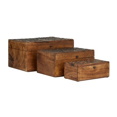 Set Of 3 Rustic Carved Mango Wood Boxes - Olivia & May : Target