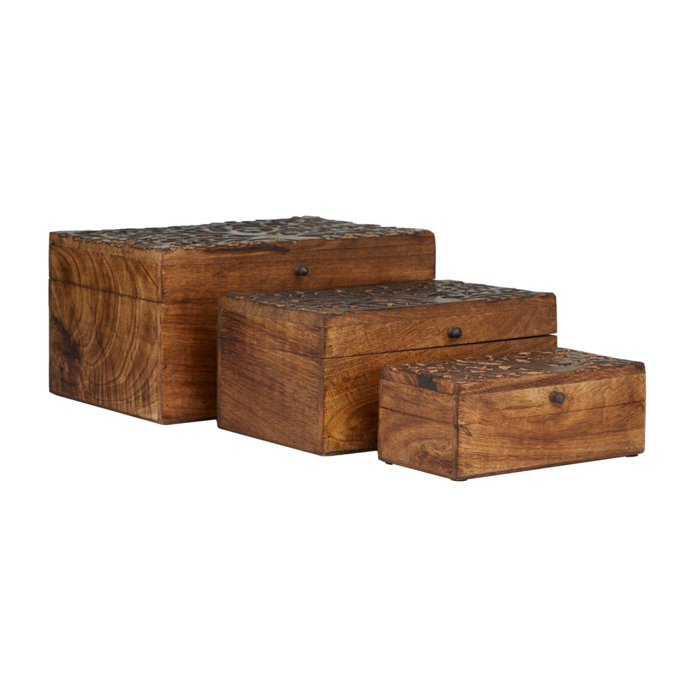Photos - Clothes Drawer Organiser Set of 3 Rustic Carved Mango Wood Boxes - Olivia & May