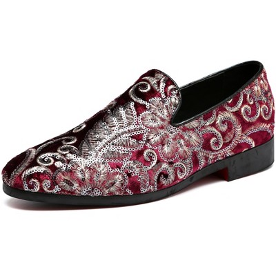Santimon Mens Loafers Velvet Sequins Embroidered Dress Shoes Red