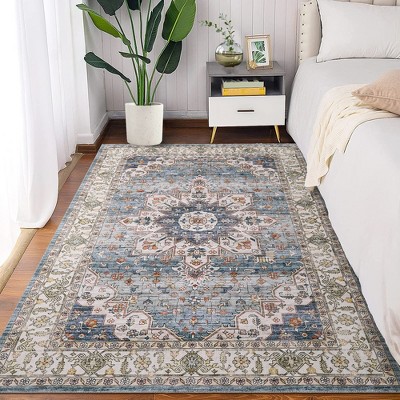 Garvee Vintage Floral Print Area Rug,Traditional Washable Indoor Boho Carpet for Dining Room Office Bedroom Living Room, Blue+Green