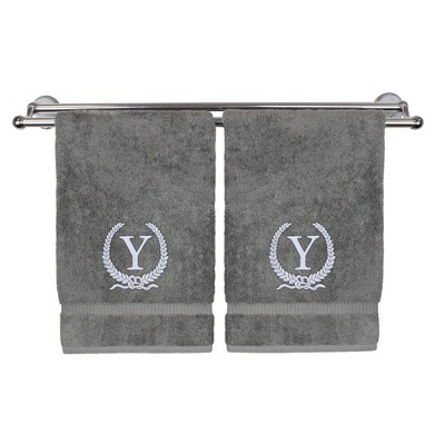 BC BARE COTTON Monogrammed Hand Towel, 100% Turkish Cotton - Set of 2 - Gray - Silver Wreath