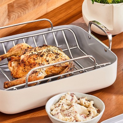 Cream 12.6" Nonstick Square Braiser with Rack and Handles