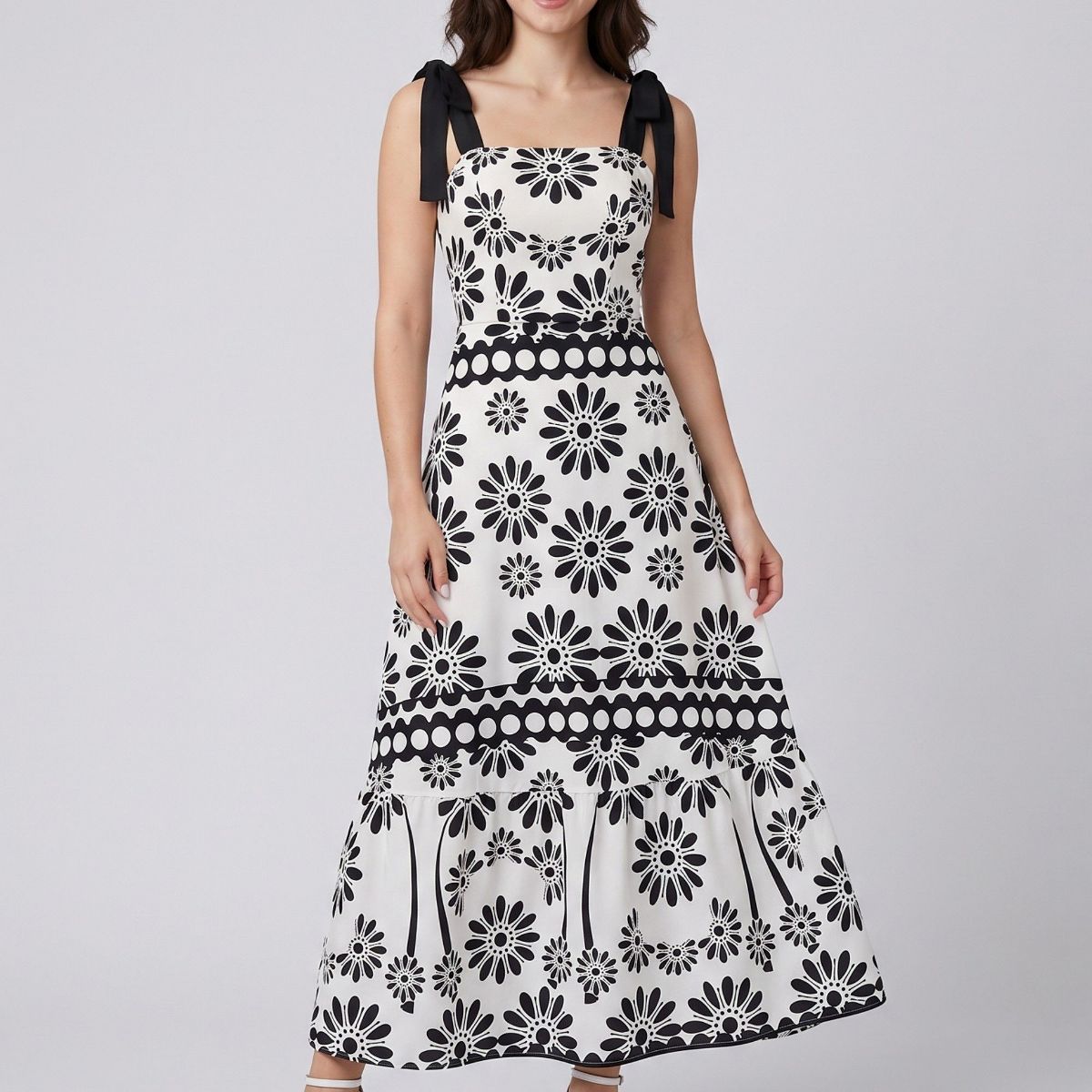 Anna-Kaci Women's Tie Shoulder Square Neck Midi Dress Black and White Floral Smocked Tiered Sundress