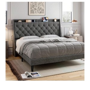 Bed Frame With Charging Station And Wingback Storage Headboard, Button Tufted Upholstered Platform Bed With Adjustable Headboard, No Box Spring Neede - 1 of 4