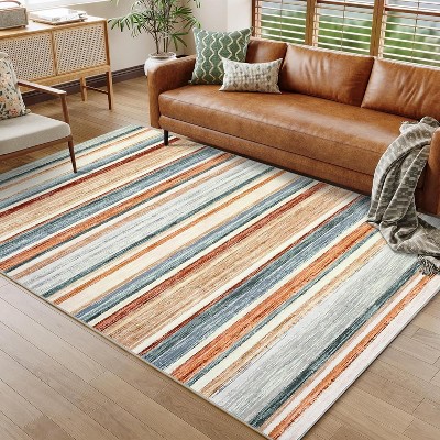 Acekool Striped Washable Rug 9x12 Non-Slip Low Pile for Living Room & Bedroom, Multi Color,