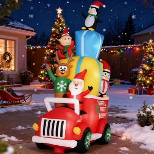 QingMoon Inflatable Santa Gift Delivery Truck with Elf, Reindeer and Penguins, 9FT Christmas Blow Up Decorations for Holiday, Party and Garden - 1 of 4